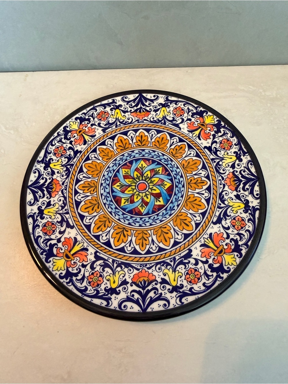 VTG SPAIN CERAMAR Decorative 7” Wall Plate Hand Painted Blue, Orange, Red